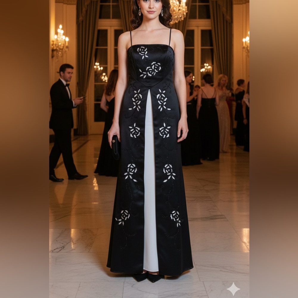 Betsy & Adam Vintage Y2K Black & White Floral Cutout Beaded Prom Formal Gown 10
